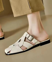 Simple Splicing Hollow Out Beige Cowhide Leather Slide Sandals