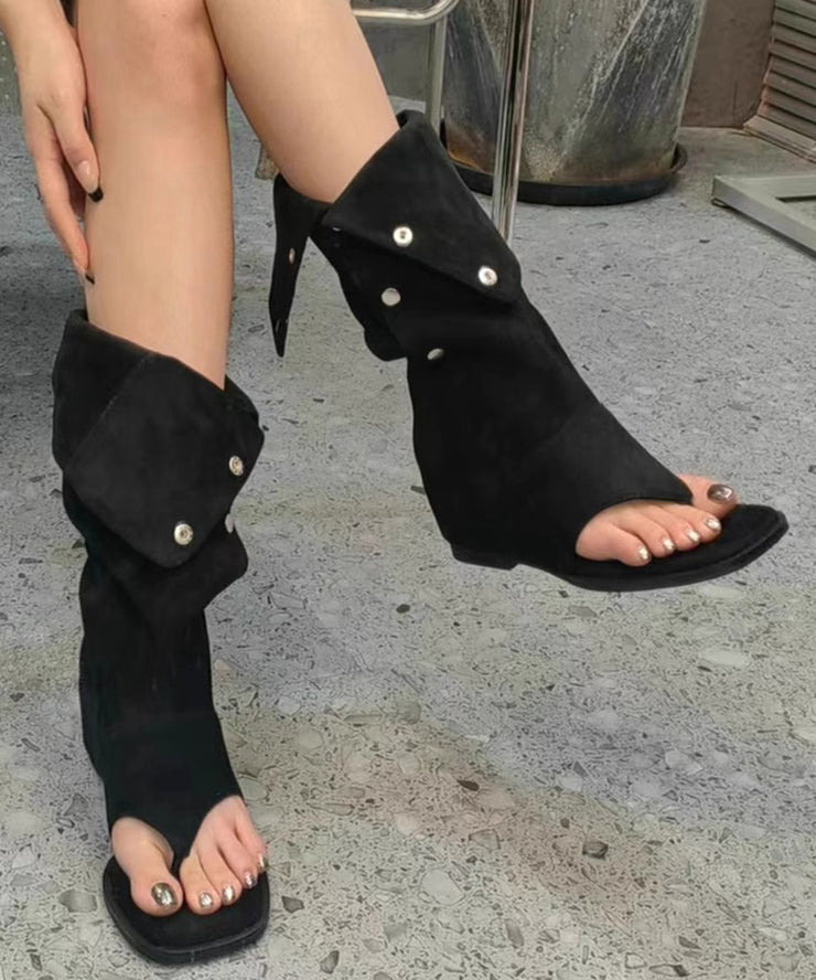 Simple Splicing Wedge Thong Sandals Boots Peep Toe Black Suede