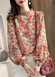 Simple Stand Collar Print Wrinkled Chiffon Shirt Lantern Sleeve