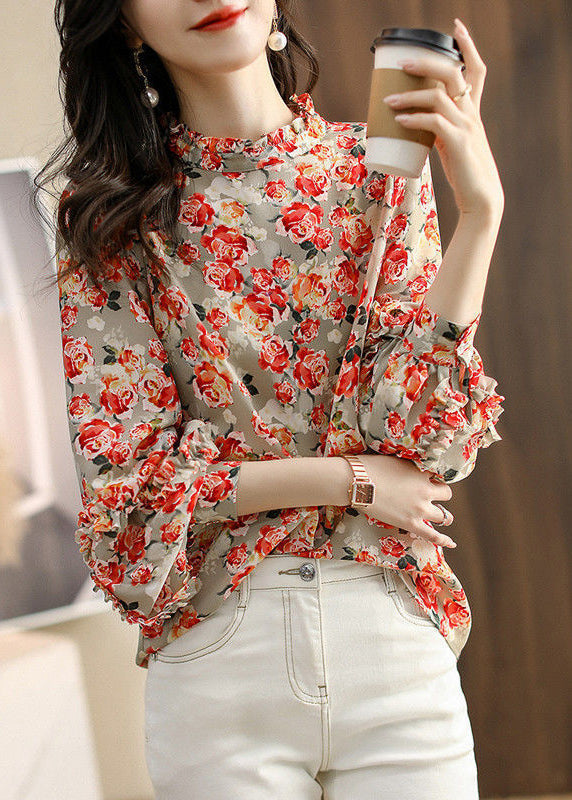 Simple Stand Collar Print Wrinkled Chiffon Shirt Lantern Sleeve