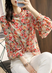 Simple Stand Collar Print Wrinkled Chiffon Shirt Lantern Sleeve