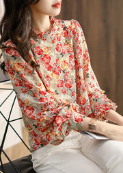 Simple Stand Collar Print Wrinkled Chiffon Shirt Lantern Sleeve