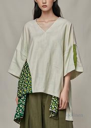 Simple V Neck Asymmetrical Patchwork Cotton Tops Summer