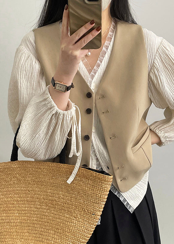 Simple Versatile Khaki V Neck Button Vest Tops Sleeveless