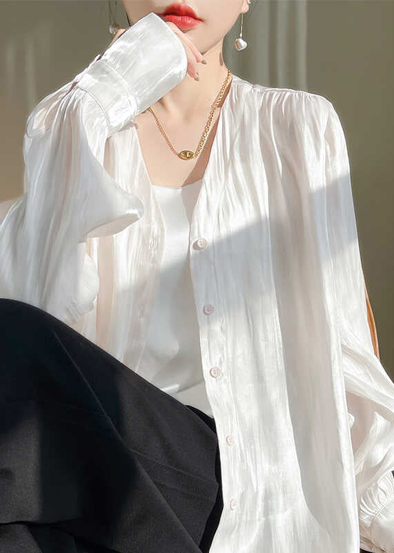 Simple White Button Solid Silk Shirts Fall