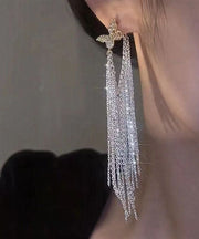 Simple White Copper Butterfly Zircon Tassel Draping Drop Earrings