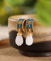 Simple White Copper Inlaid Hetian Jade Stud Earrings