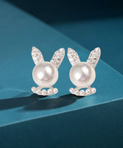 Simple White Cute Rabbit Zircon And Pearl Stud Earrings