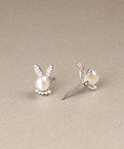 Simple White Cute Rabbit Zircon And Pearl Stud Earrings