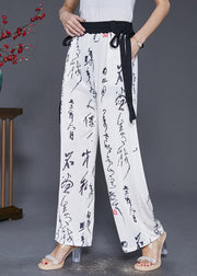 Simple White Elastic Waist Print Chiffon Straight Pants Fall