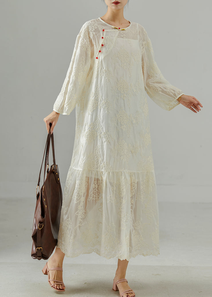 Simple White Embroidered Chinese Button Cotton Dress Summer