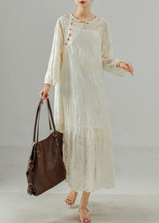 Simple White Embroidered Chinese Button Cotton Dress Summer