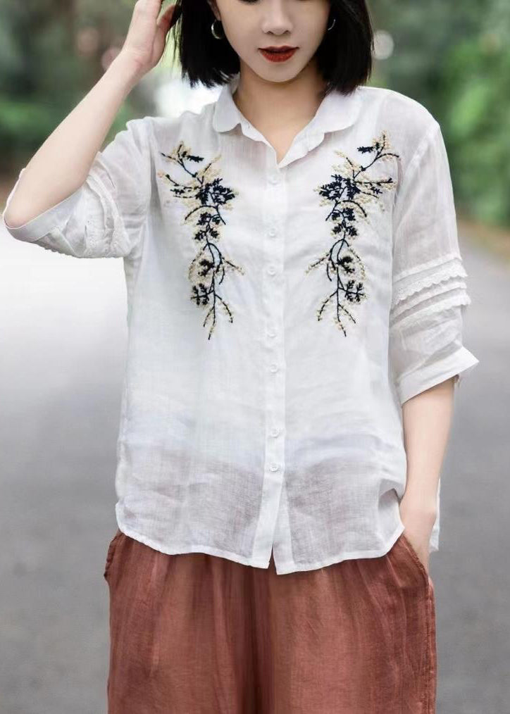 Simple White Embroideried Patchwork Lace Linen Blouse Tops Short Sleeve