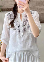 Simple Yellow  Embroidered Ruffled Linen Shirt Top Summer