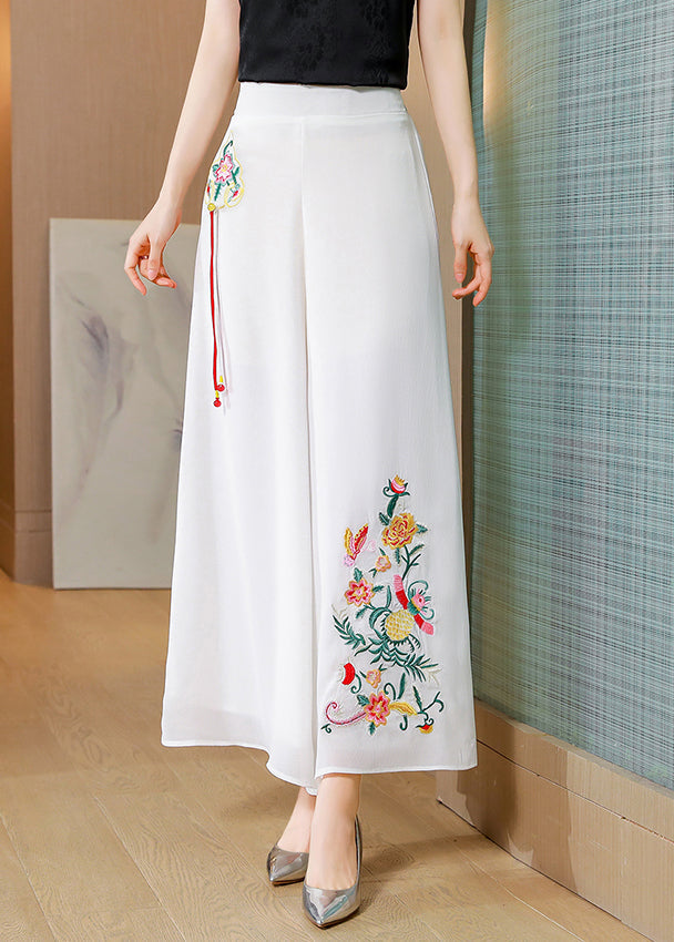 Simple White Embroideried Tassel Chiffon Straight Pants Summer