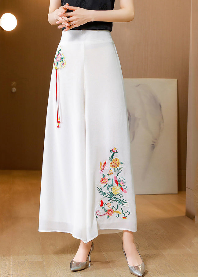 Simple White Embroideried Tassel Chiffon Straight Pants Summer