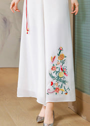 Simple White Embroideried Tassel Chiffon Straight Pants Summer