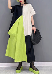 Simple White Green O-Neck Patchwork Long Dresses Short Sleeve