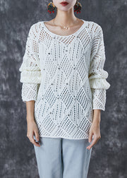 Simple White Hollow Out Zircon Knit Tops Fall