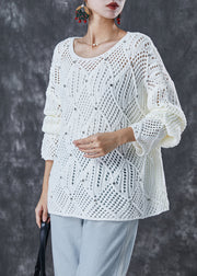 Simple White Hollow Out Zircon Knit Tops Fall