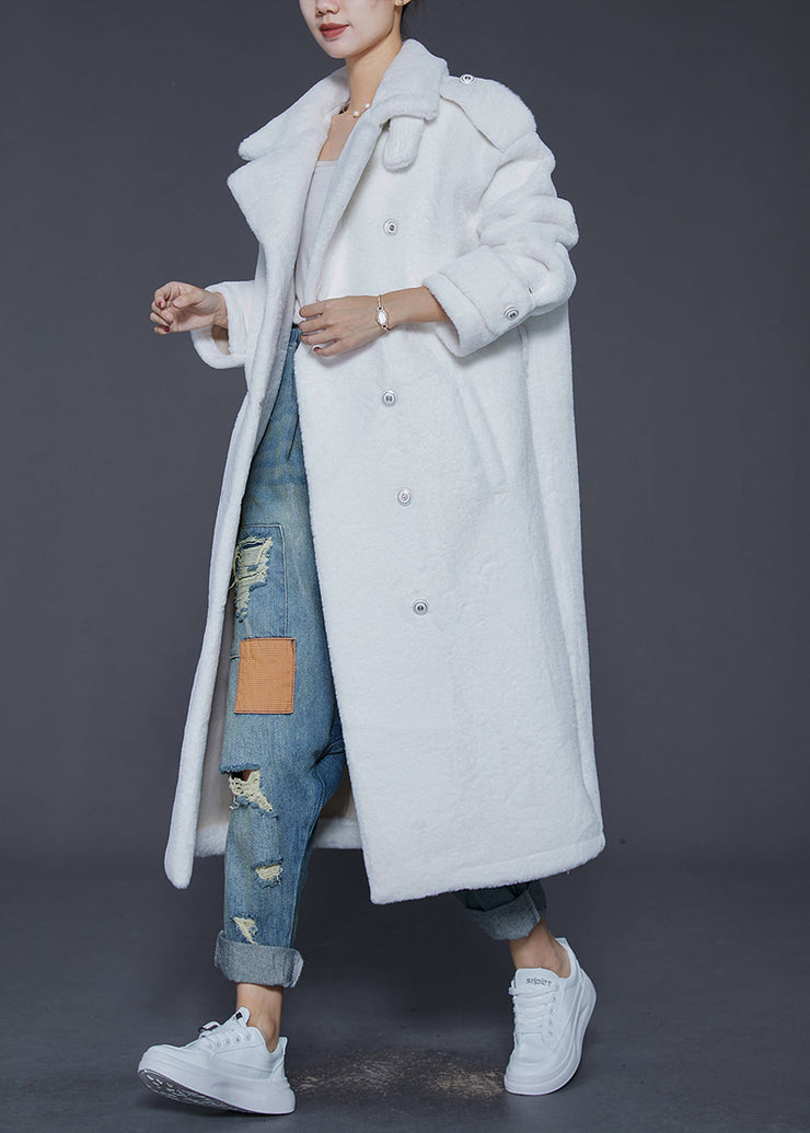 Simple White Lapel Double Breast Warm Faux Fur Coats Winter