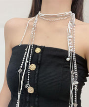 Simple White Metal Pearl Tassel Multilayer Gratuated Bead Necklace