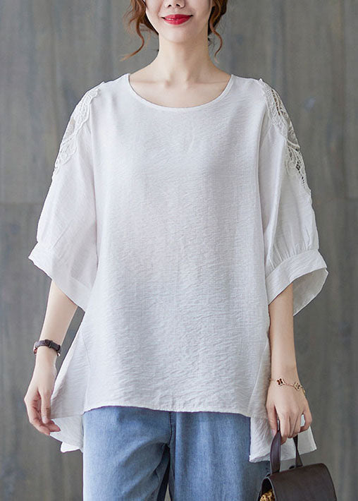 Simple White O-Neck Asymmetrical Patchwork Cotton T Shirt Summer