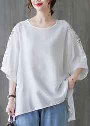 Simple White O-Neck Asymmetrical Patchwork Cotton T Shirt Summer