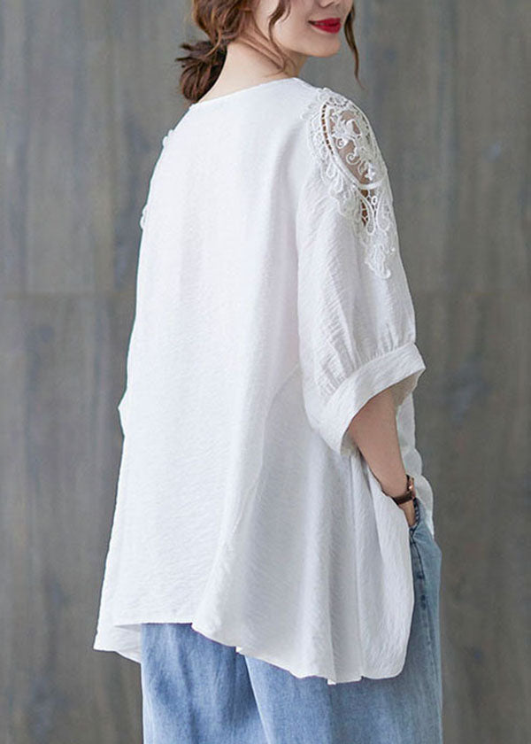 Simple White O-Neck Asymmetrical Patchwork Cotton T Shirt Summer