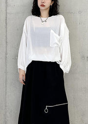 Simple White O Neck Pockets Patchwork Cotton Tops Batwing Sleeve