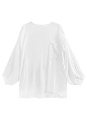 Simple White O Neck Pockets Patchwork Cotton Tops Batwing Sleeve