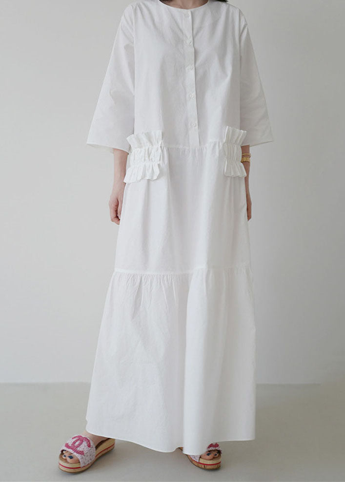 Simple White O Neck Ruffled Patchwork Cotton Dresses Summer