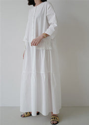 Simple White O Neck Ruffled Patchwork Cotton Dresses Summer