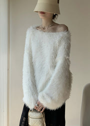 Simple White O-Neck Solid Mink Velvet Knit Sweater Winter