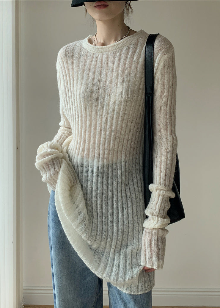 Simple White O-Neck Solid Thin Knit Sweater Dress Fall