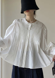 Simple White O Neck Wrinkled Patchwork Cotton Shirts Puff Sleeve