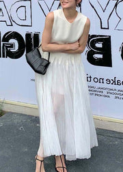 Simple White O Neck Wrinkled Silk Long Dress Sleeveless