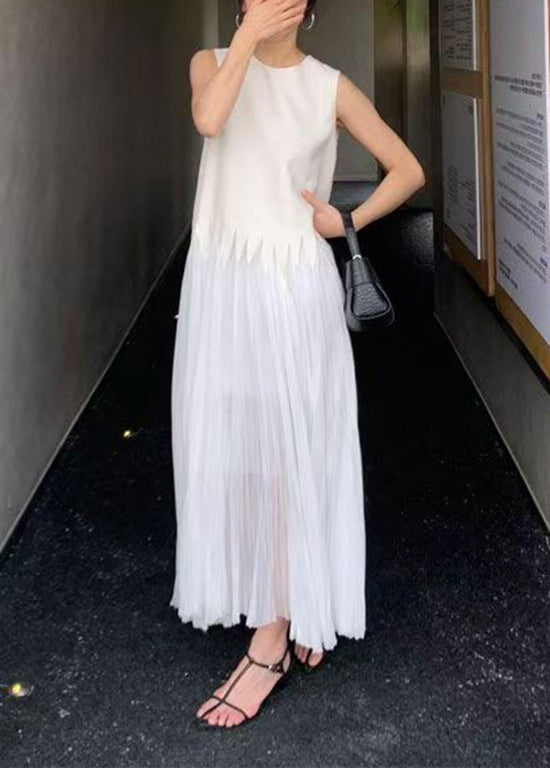 Simple White O Neck Wrinkled Silk Long Dress Sleeveless