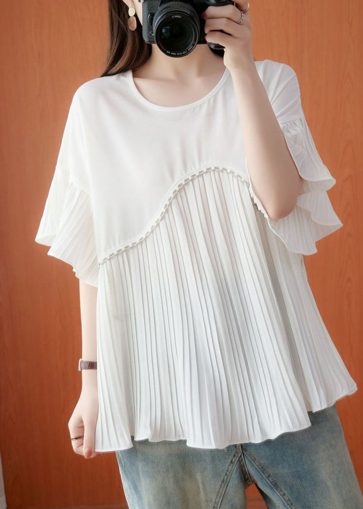 Simple White Oversized Patchwork Pleated Chiffon Top Summer