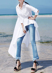 Simple White Peter Pan Collar Asymmetrical Cotton Long Shirt Spring