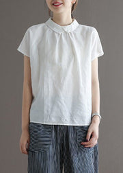 Simple White Peter Pan Collar Button Solid Ramie Top Short Sleeve