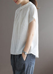 Simple White Peter Pan Collar Button Solid Ramie Top Short Sleeve