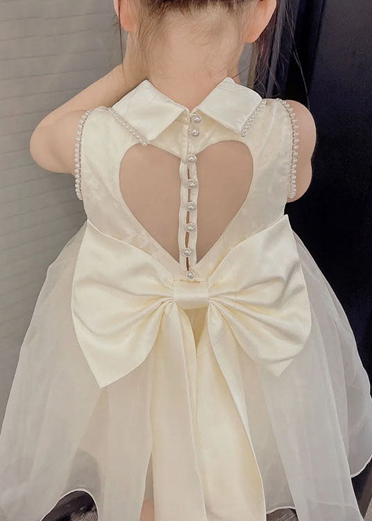 Simple White Peter Pan Collar Nail Bead Patchwork Tulle Kids Girls Dresses Sleeveless