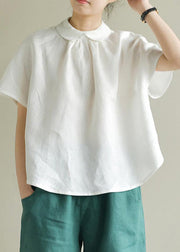 Simple White-flower Peter Pan Collar Solid Linen Shirt Summer