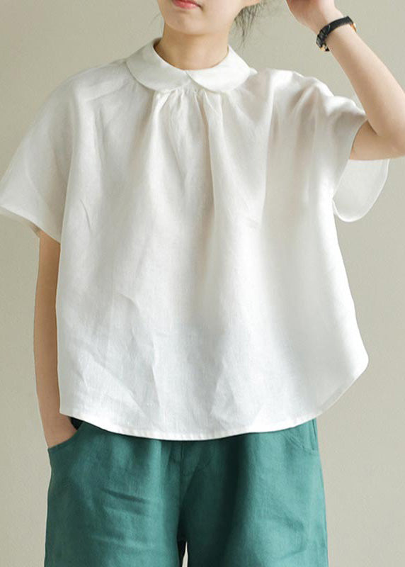 Simple yellow Peter Pan Collar Solid Linen Shirt Summer