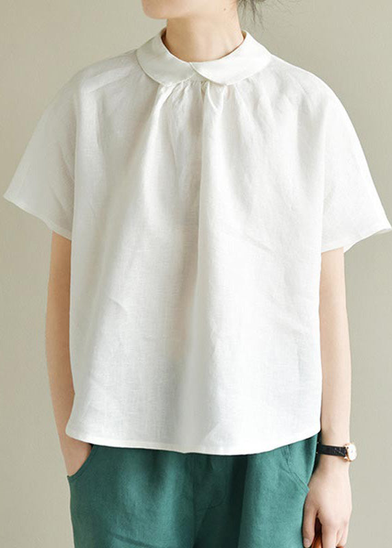 Simple purple Peter Pan Collar Solid Linen Shirt Summer