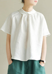 Simple White Peter Pan Collar Solid Linen Shirt Summer