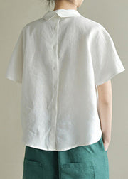 Simple White-flower Peter Pan Collar Solid Linen Shirt Summer