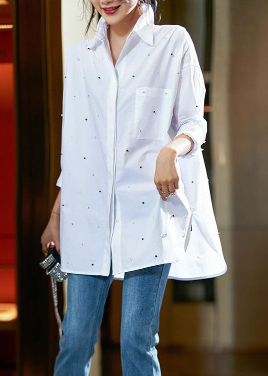 Simple White Peter Pan Collar Zircon Patchwork Cotton Shirts Top Spring