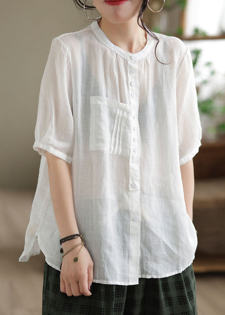 Simple White Pockets Button Patchwork Linen Shirt Top Short Sleeve